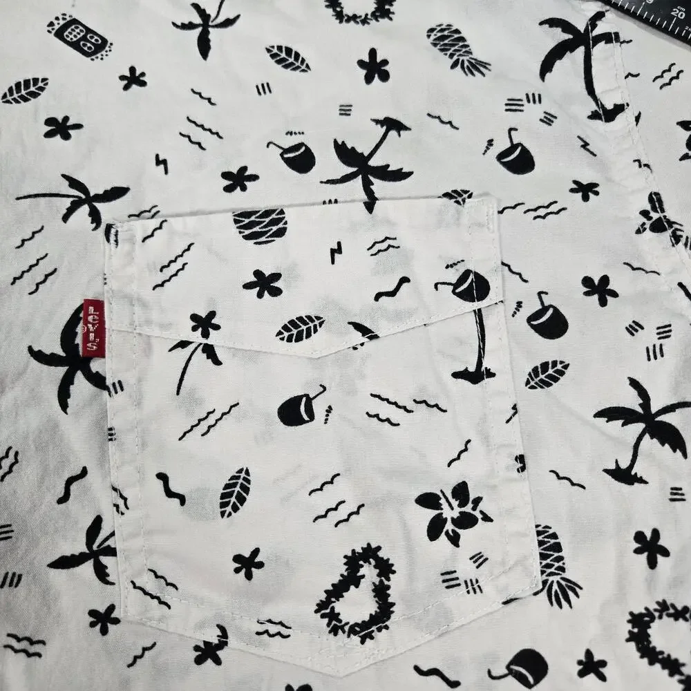 Levi's Men Medium Black White Tiki Resort Hawaiian Tropical Print Short Sleeve